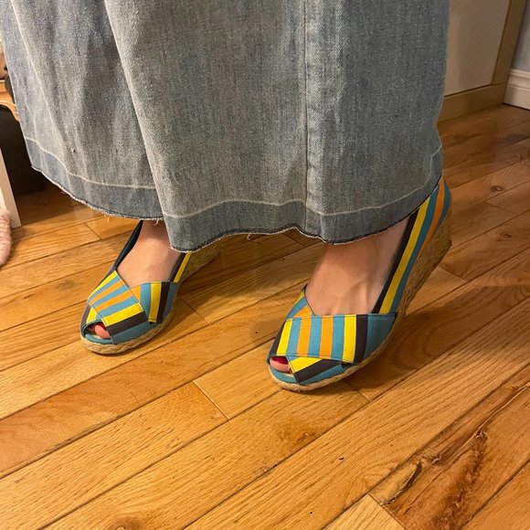 1970s style Y2K ralph lauren striped peep toe wedges! - Picture 9 of 14